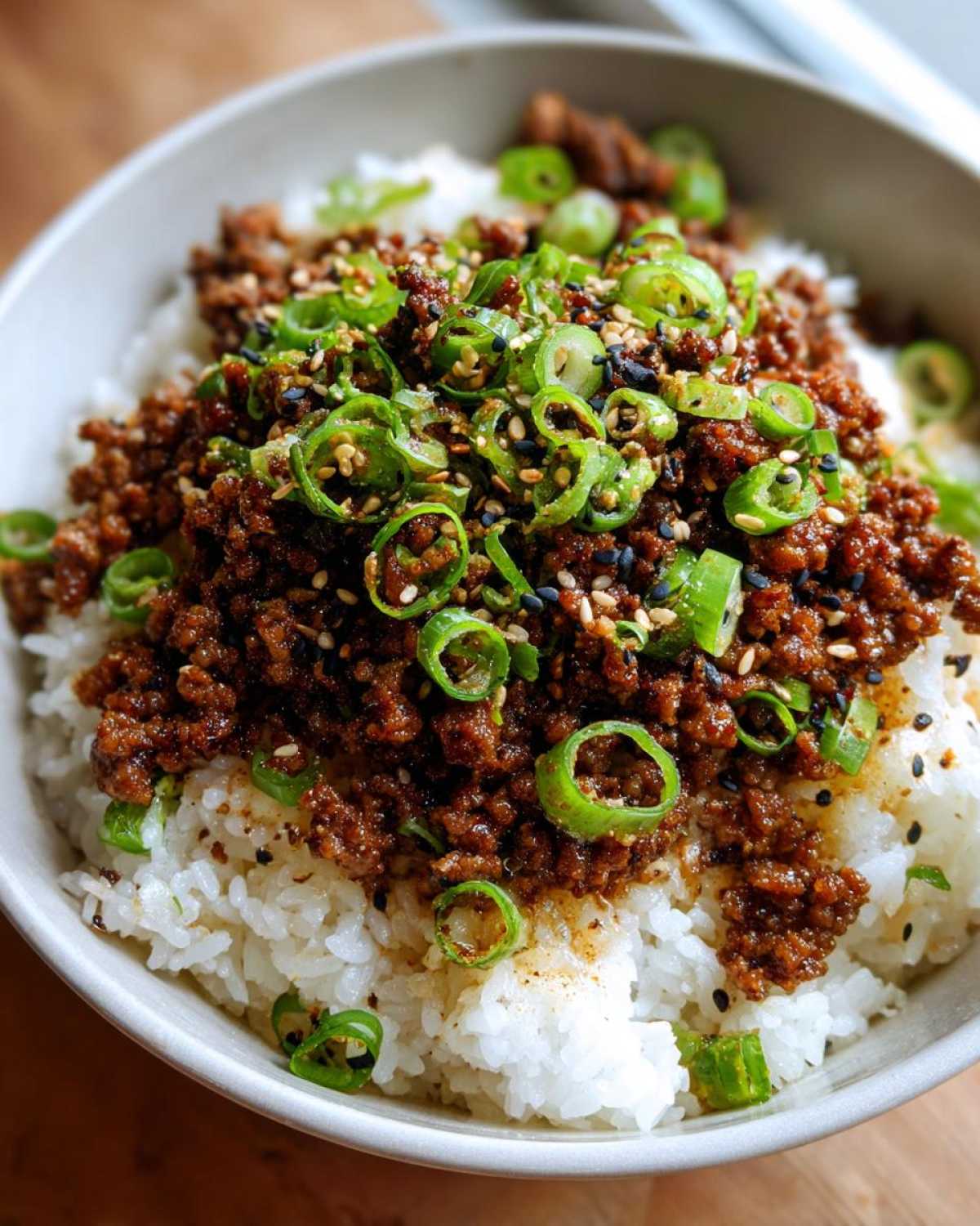 Close-up of Korean Ground Beef Bulgogi Bowls featuring seasoned ground beef over white rice, topped with sliced green onions and sesame seeds.