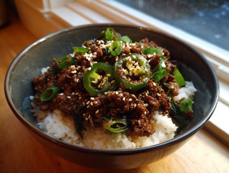 Close-up of Korean Ground Beef Bulgogi Bowls served over white rice, topped with jalapeños and sesame seeds.