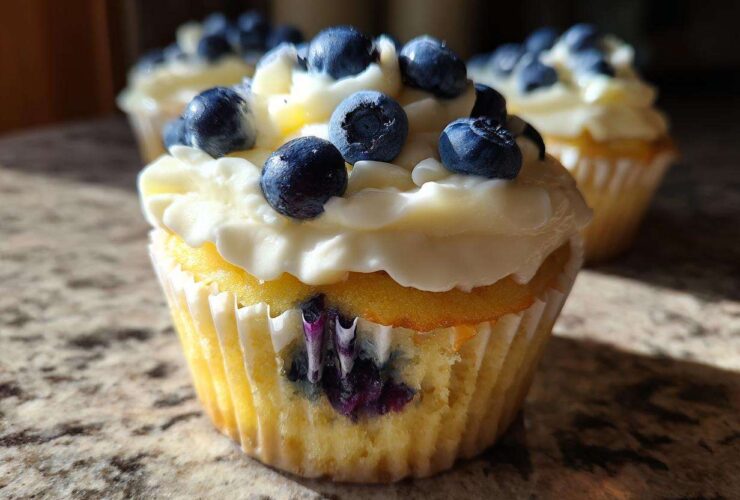 Close-up of a Lemon Blueberry Cupcake topped with cream cheese frosting and fresh blueberries.