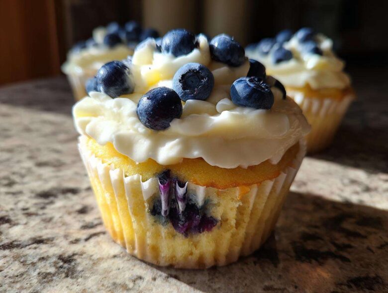 Close-up of a Lemon Blueberry Cupcake topped with cream cheese frosting and fresh blueberries.