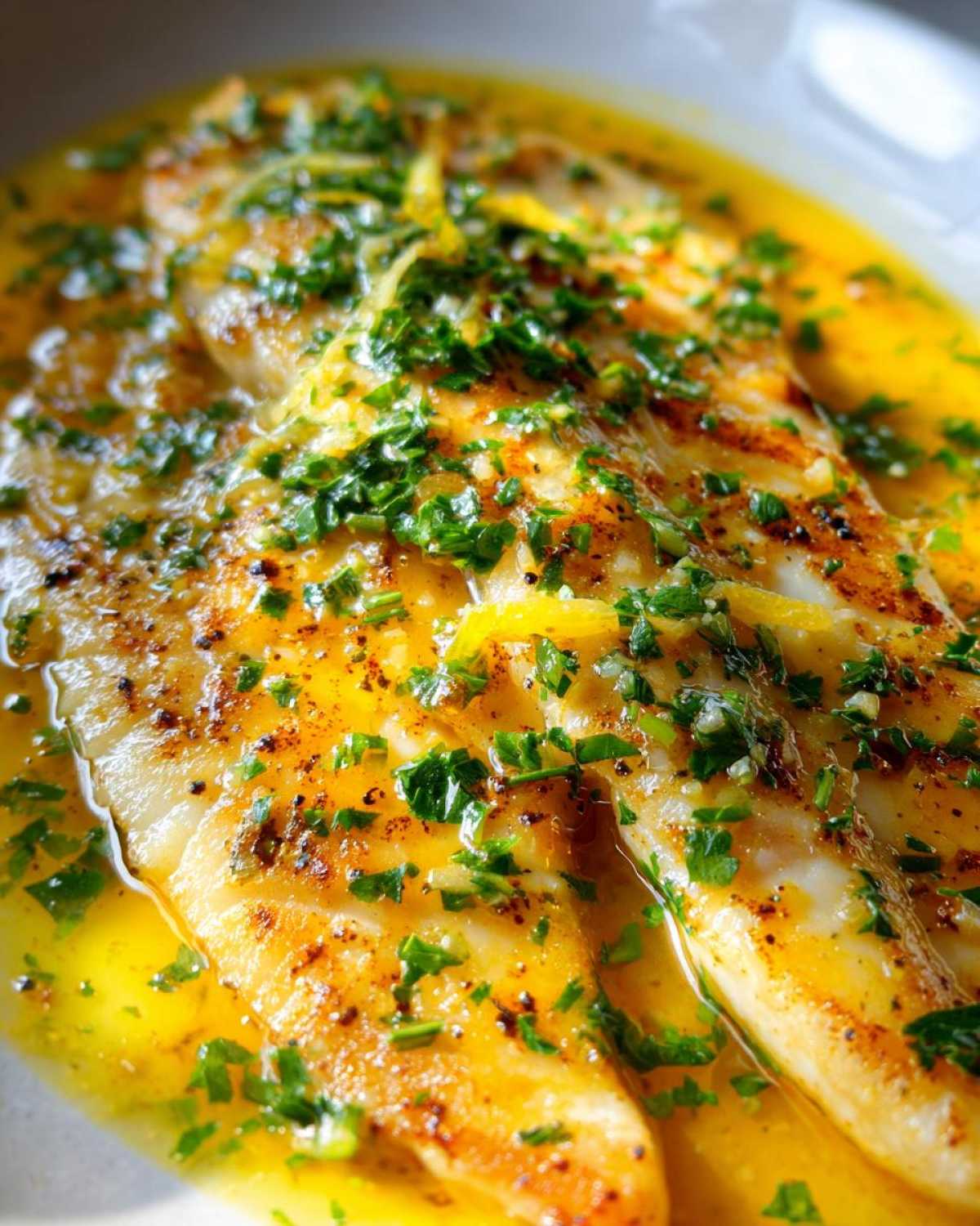 Close-up of pan-seared Lemon Garlic Butter Tilapia fillets swimming in rich, yellow butter sauce and topped with fresh parsley.