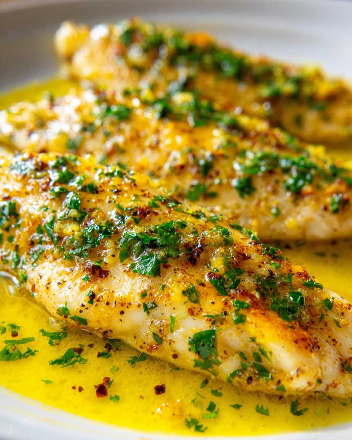 Close-up of three tender Lemon Garlic Butter Tilapia fillets swimming in bright yellow butter sauce, topped with fresh parsley.