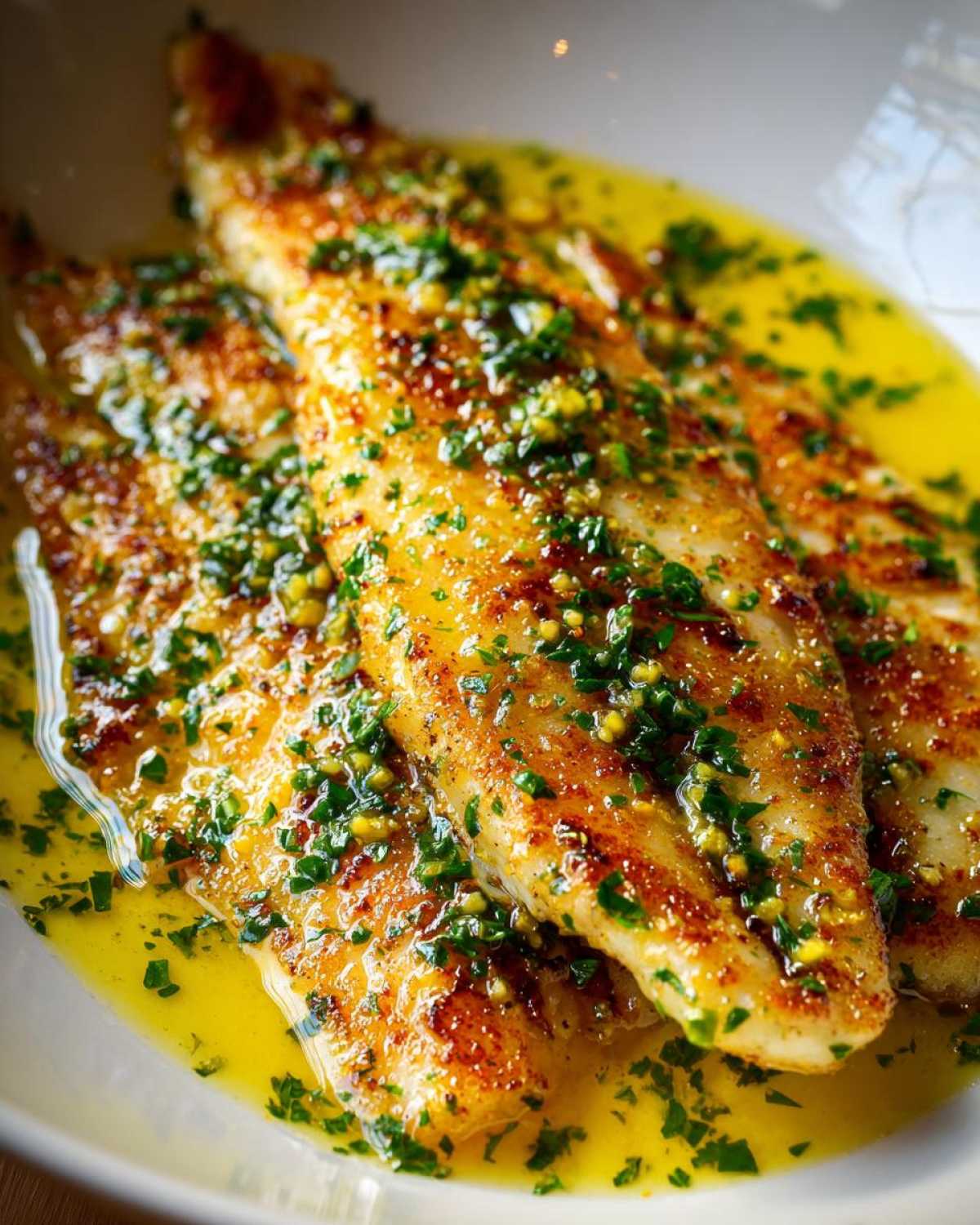 Close-up of pan-seared Lemon Garlic Butter Tilapia fillets swimming in bright yellow butter sauce topped with fresh parsley.