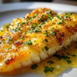 Close-up of a perfectly cooked Lemon Garlic Butter Tilapia fillet glistening with sauce and topped with fresh parsley.