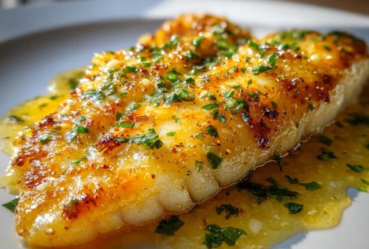 Close-up of a perfectly cooked Lemon Garlic Butter Tilapia fillet glistening with sauce and topped with fresh parsley.