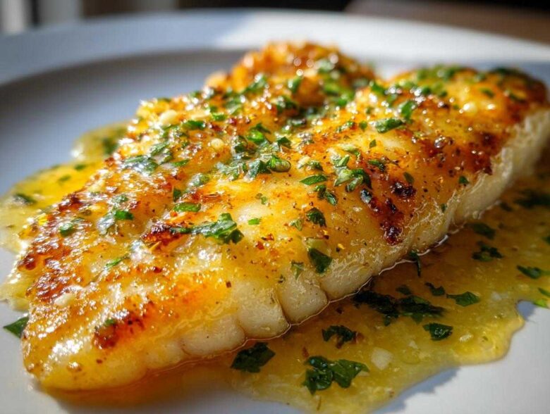 Close-up of a perfectly cooked Lemon Garlic Butter Tilapia fillet glistening with sauce and topped with fresh parsley.