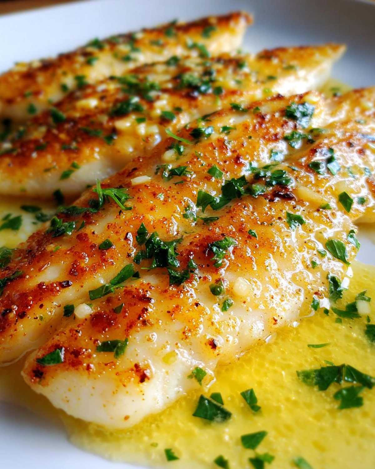 Close-up of perfectly cooked Lemon Garlic Butter Tilapia fillets covered in glistening sauce and fresh parsley.
