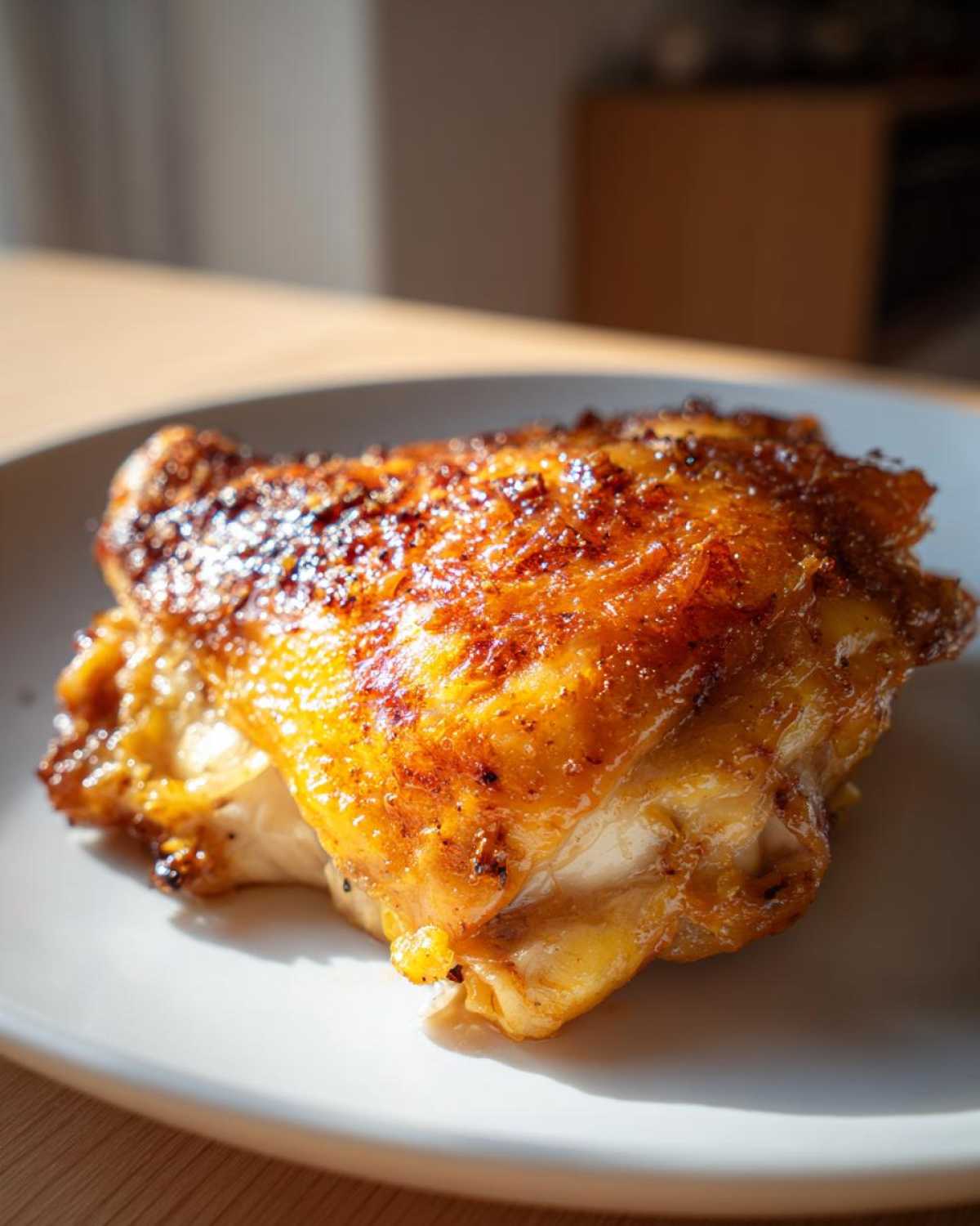 Close-up of a perfectly roasted chicken thigh with crispy, golden-brown skin, seasoned for Lemon Garlic Roasted Chicken Thighs.