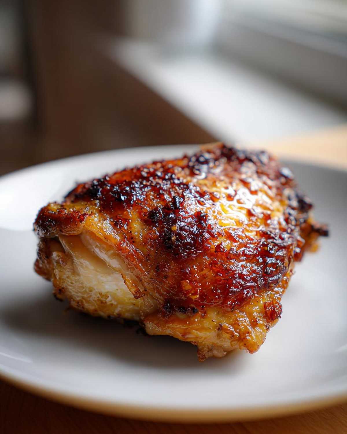 Close-up of a perfectly roasted Lemon Garlic Roasted Chicken Thighs with deeply caramelized, crispy skin.