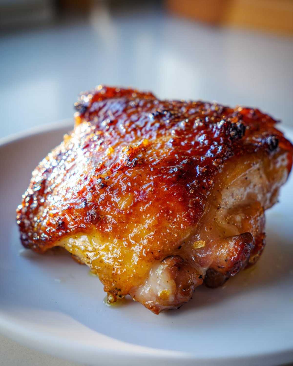 A close-up of a perfectly cooked Lemon Garlic Roasted Chicken Thighs with glistening, caramelized skin.