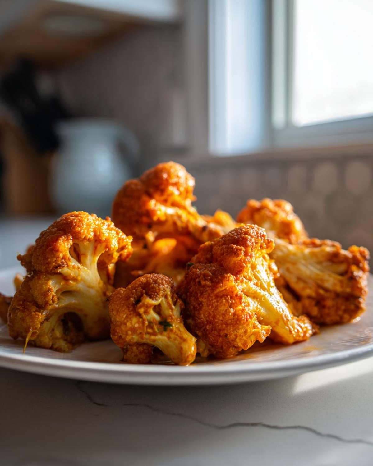 Close-up of bright orange, marinated cauliflower florets ready for Vegan Cauliflower Tikka Masala.