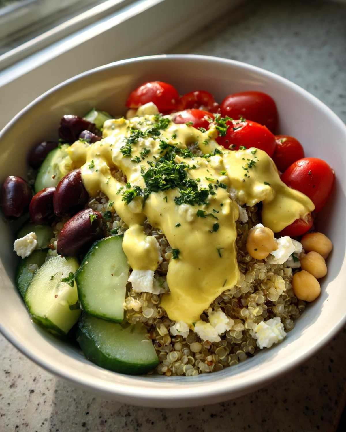 Close-up of a Mediterranean Quinoa Bowl topped with bright yellow Lemon Tahini Sauce, cucumbers, tomatoes, and olives.