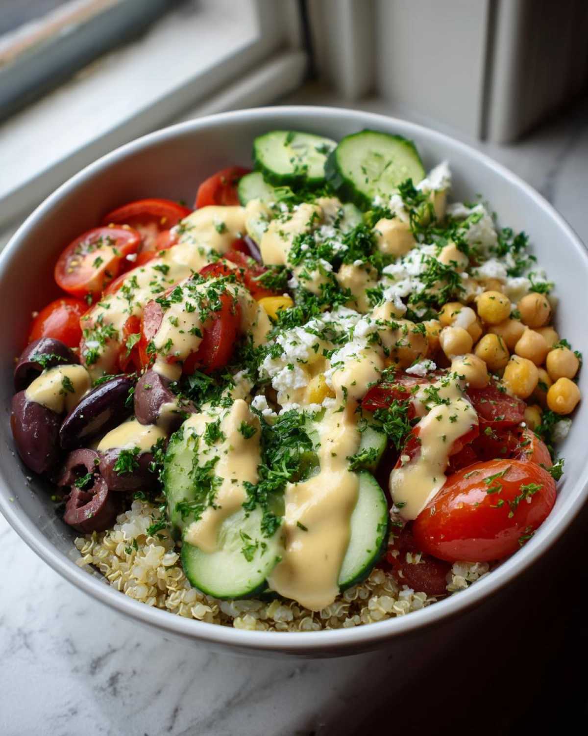 Close-up of a vibrant Mediterranean Quinoa Bowl topped with cucumbers, tomatoes, chickpeas, feta, and lemon tahini sauce.