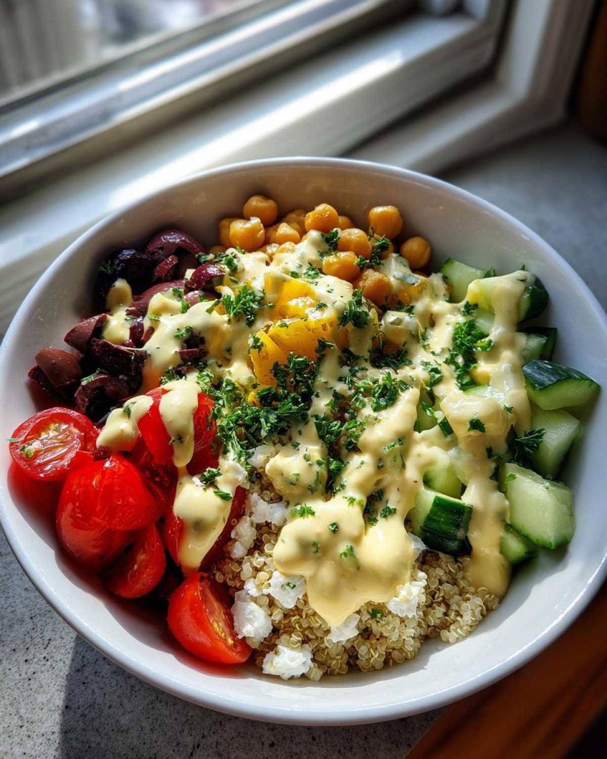 A vibrant Mediterranean Quinoa Bowl topped generously with creamy lemon tahini sauce, chickpeas, tomatoes, and cucumbers.