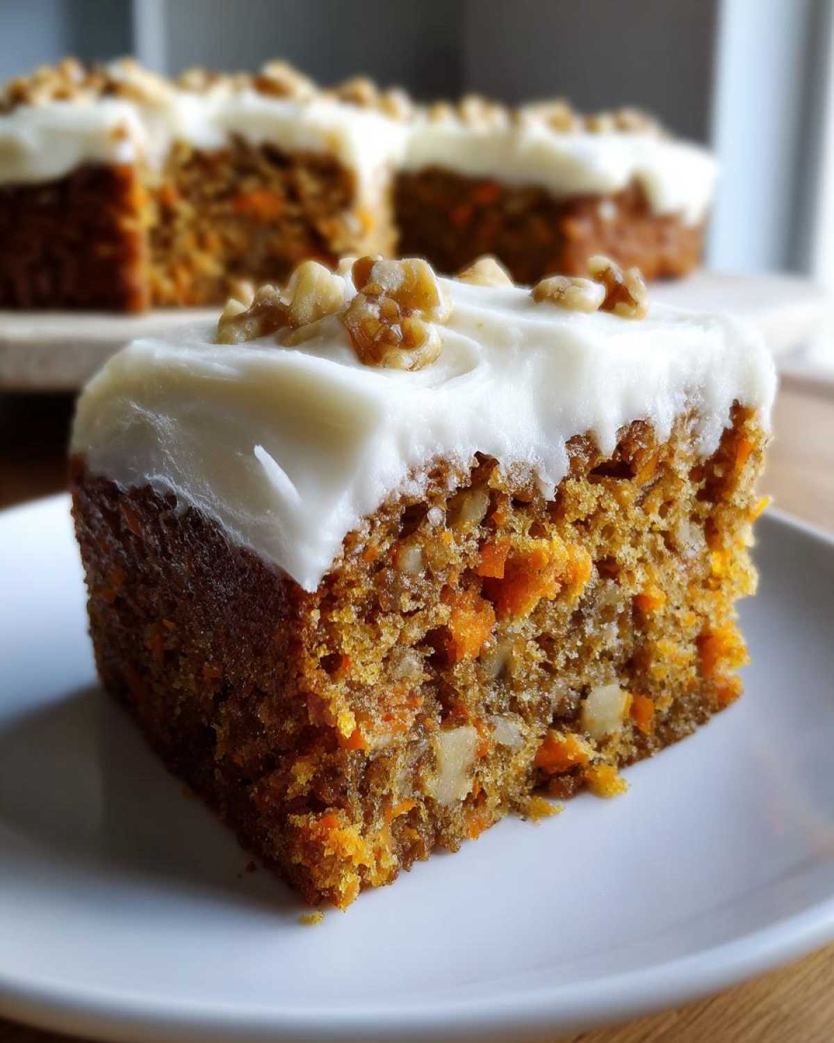 Close-up of a thick slice of Moist Carrot Cake with Cream Cheese Frosting, topped with walnuts.