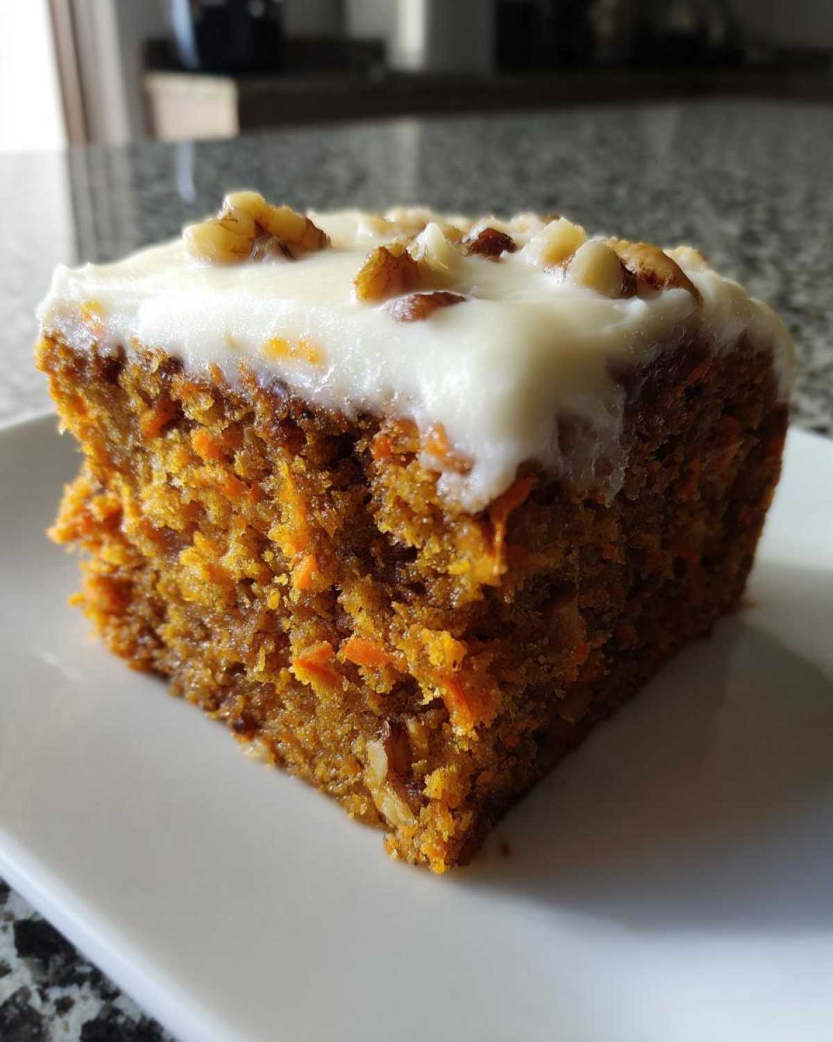 Close-up of a square slice of Moist Carrot Cake with Cream Cheese Frosting topped with chopped walnuts.