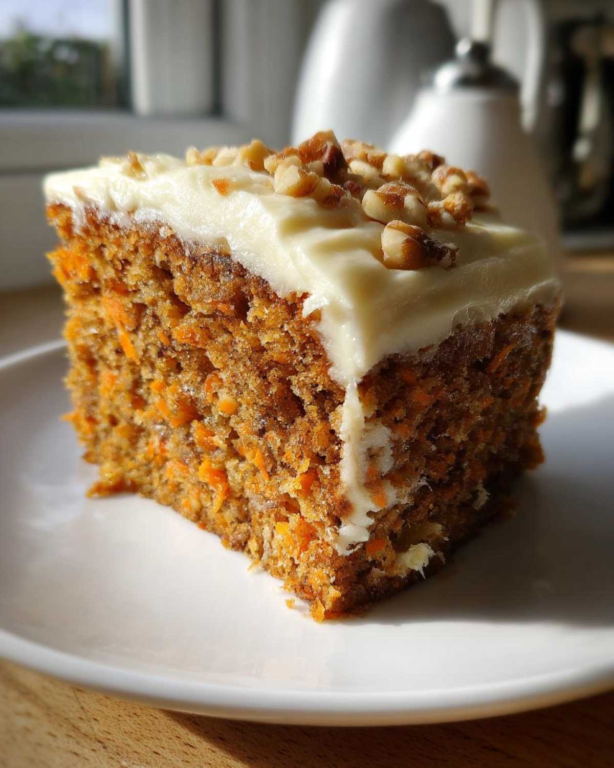 A close-up of a single slice of Moist Carrot Cake with Cream Cheese Frosting, topped with chopped walnuts.