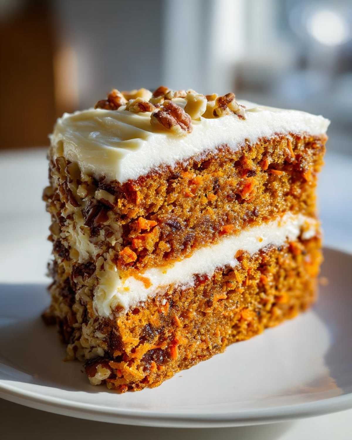 A beautiful slice of Moist Carrot Cake with Cream Cheese Frosting, topped with pecans.