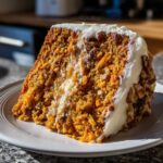Close-up of a moist carrot cake slice with thick cream cheese frosting and chopped walnuts.
