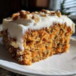 Close-up of a slice of moist carrot cake with thick cream cheese frosting and chopped pecans on top.