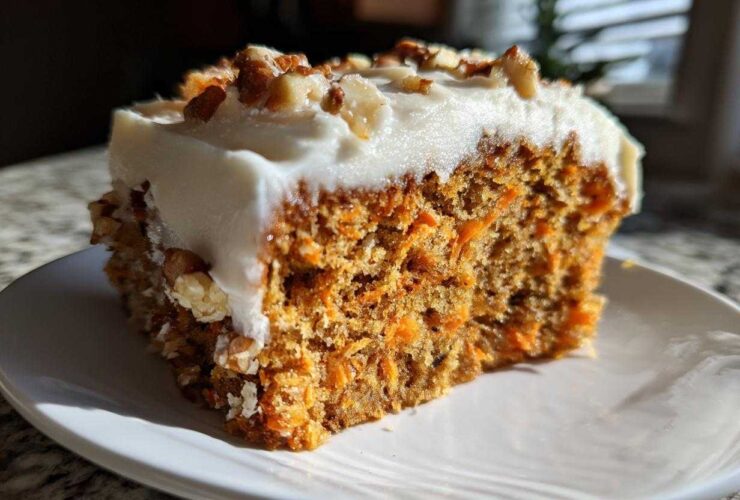 Close-up of a slice of moist carrot cake with thick cream cheese frosting and chopped pecans on top.