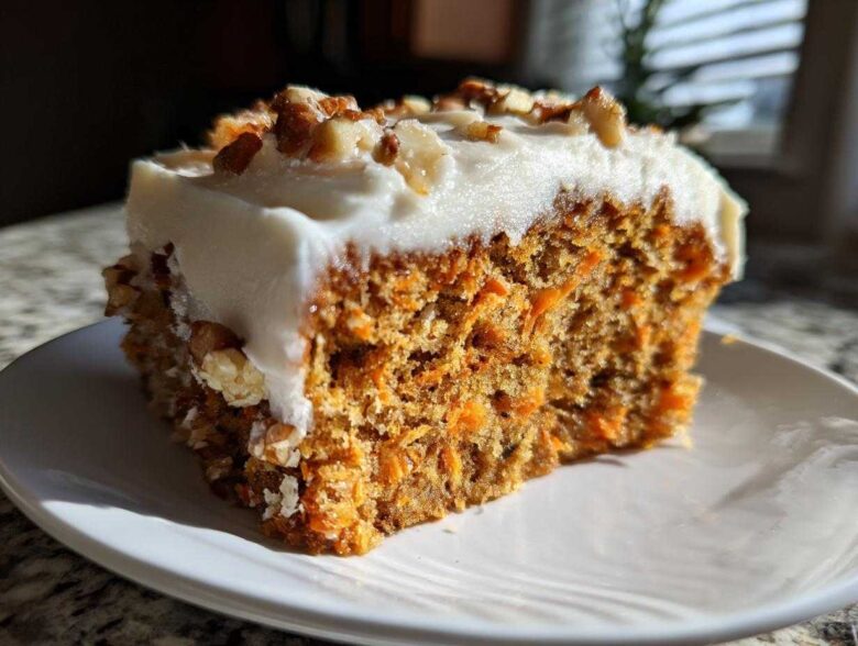 Close-up of a slice of moist carrot cake with thick cream cheese frosting and chopped pecans on top.