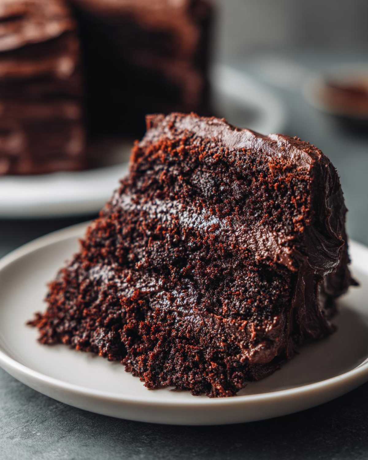 Close-up of a rich, moist slice of Gluten-Free Chocolate Cake covered in thick chocolate frosting.