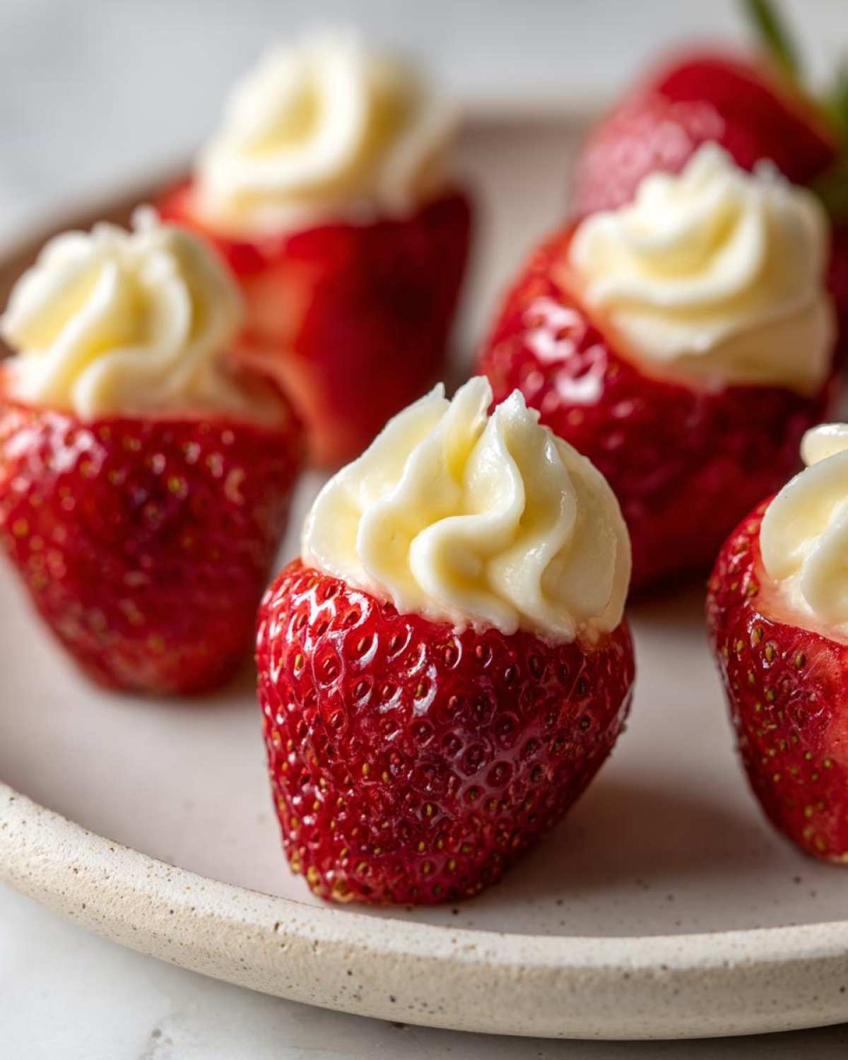 Close-up of fresh strawberries filled with piped No-Bake Cheesecake Stuffed Strawberries filling.