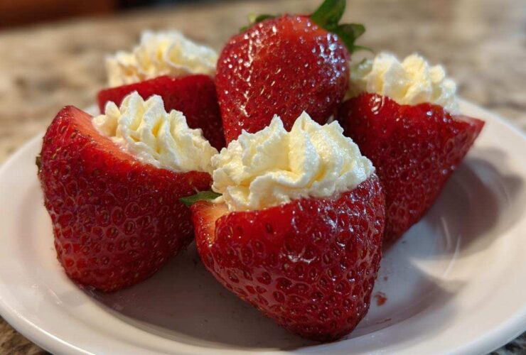Close-up of several bright red No-Bake Cheesecake Stuffed Strawberries arranged on a white plate.