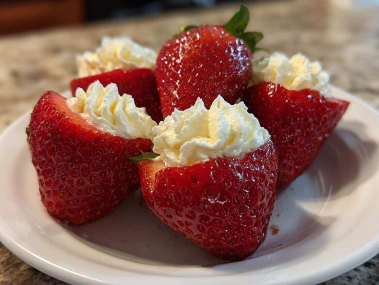 Close-up of several bright red No-Bake Cheesecake Stuffed Strawberries arranged on a white plate.