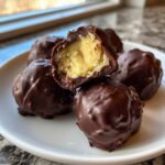 A plate of rich No-Bake Chocolate Covered Banana Bites, with one cut open to show the creamy yellow banana filling.
