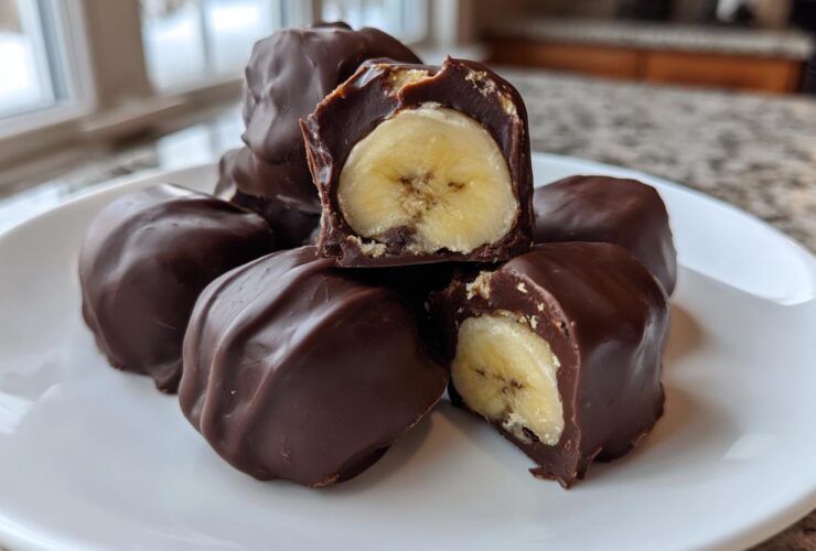 A stack of No-Bake Chocolate Covered Banana Bites on a white plate, with two pieces cut open showing the banana center.