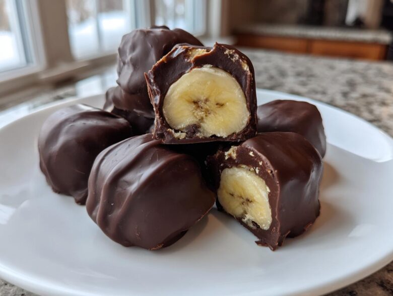 A stack of No-Bake Chocolate Covered Banana Bites on a white plate, with two pieces cut open showing the banana center.