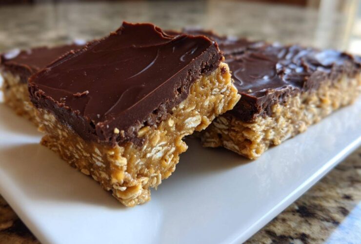 Close-up of rich No-Bake Chocolate Peanut Butter Oat Bars showing the thick oat base and chocolate topping.