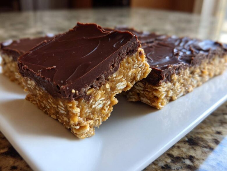 Close-up of rich No-Bake Chocolate Peanut Butter Oat Bars showing the thick oat base and chocolate topping.