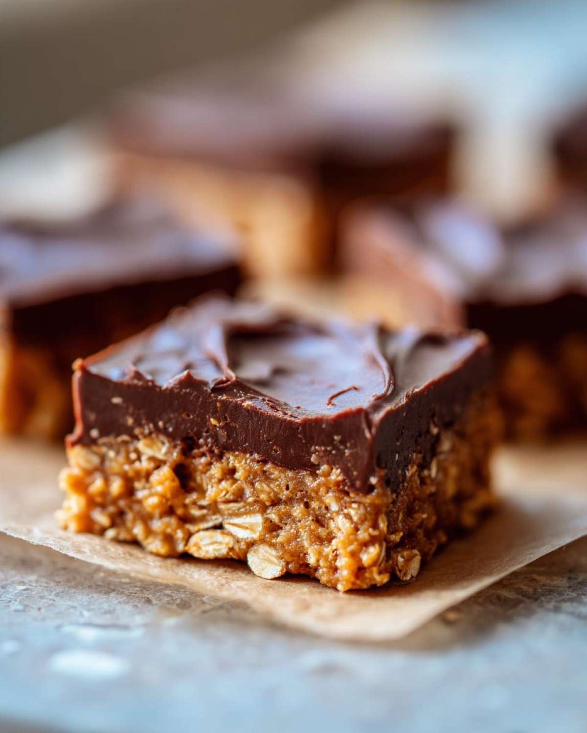 A single square of No-Bake Chocolate Peanut Butter Oat Bars showing the thick oat base and rich chocolate topping.