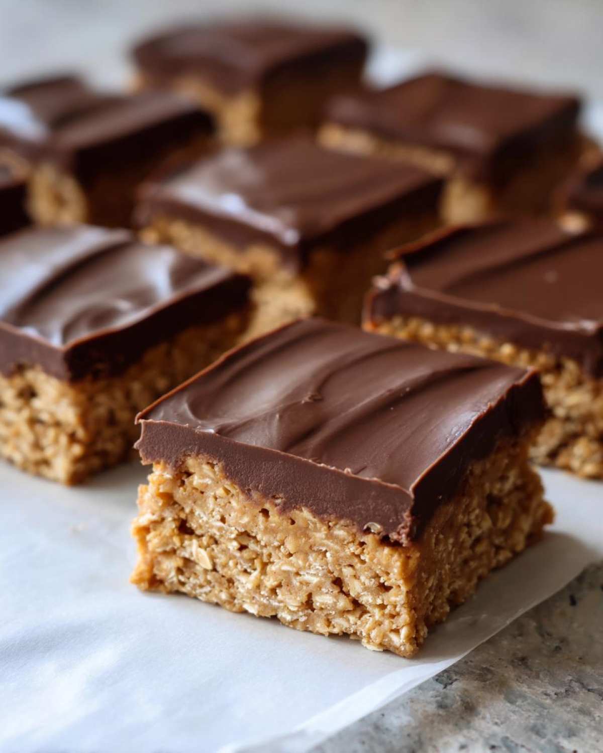 A close-up of a square No-Bake Chocolate Peanut Butter Oat Bars showing the textured oat base and smooth chocolate topping.