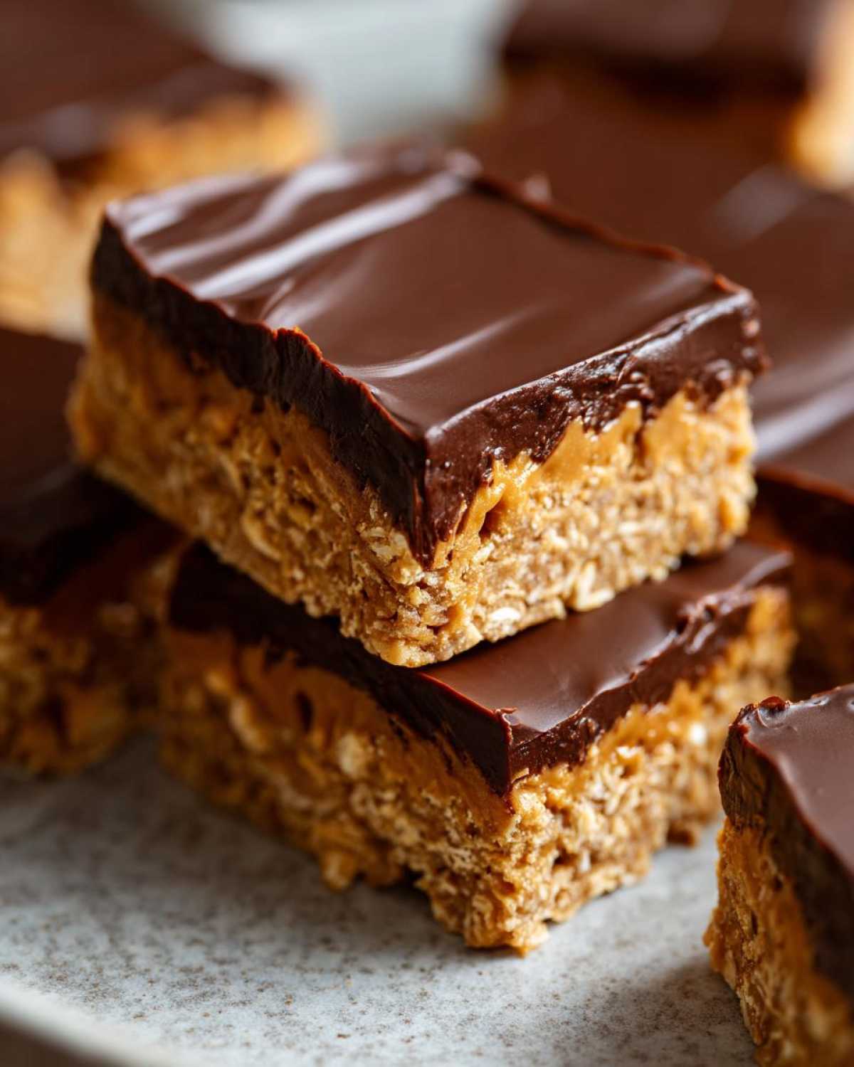 Close-up of two stacked No-Bake Chocolate Peanut Butter Oat Bars with a thick chocolate topping.