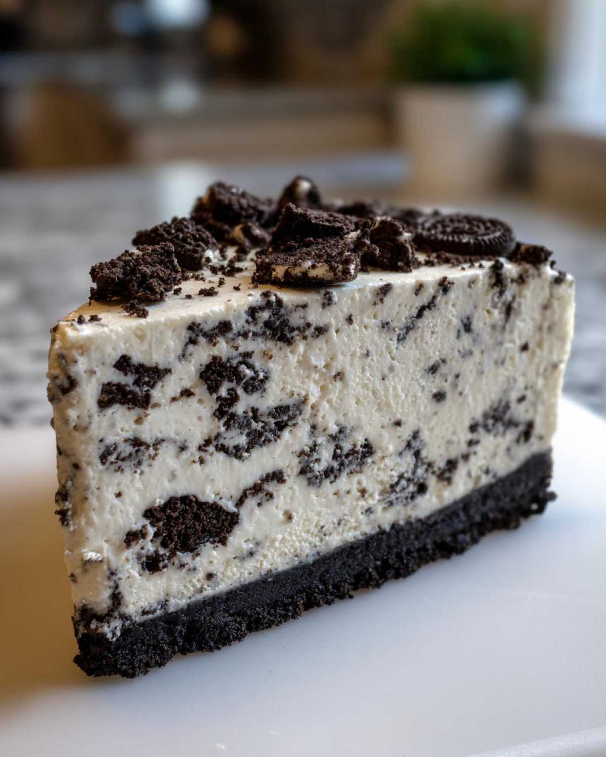A perfect slice of No-Bake Oreo Cheesecake showing the creamy filling mixed with dark cookie pieces and topped with crushed Oreos.