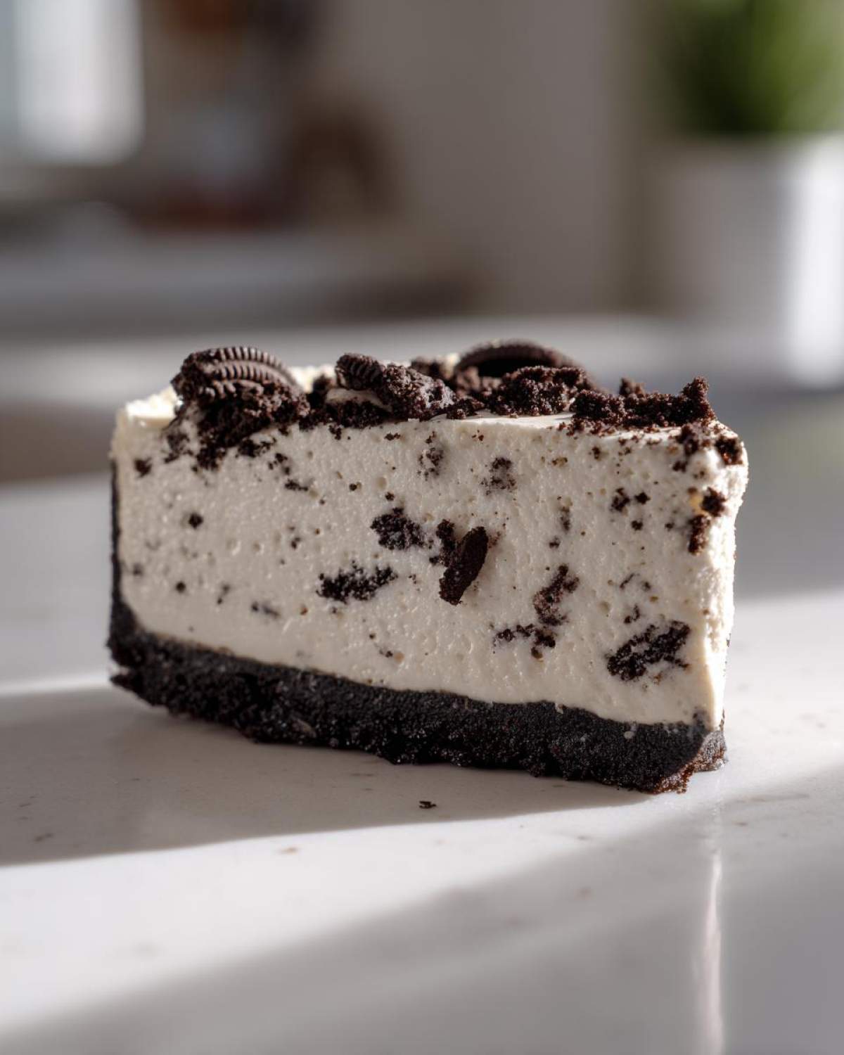 A perfect slice of No-Bake Oreo Cheesecake showing the thick cream filling and dark crust.