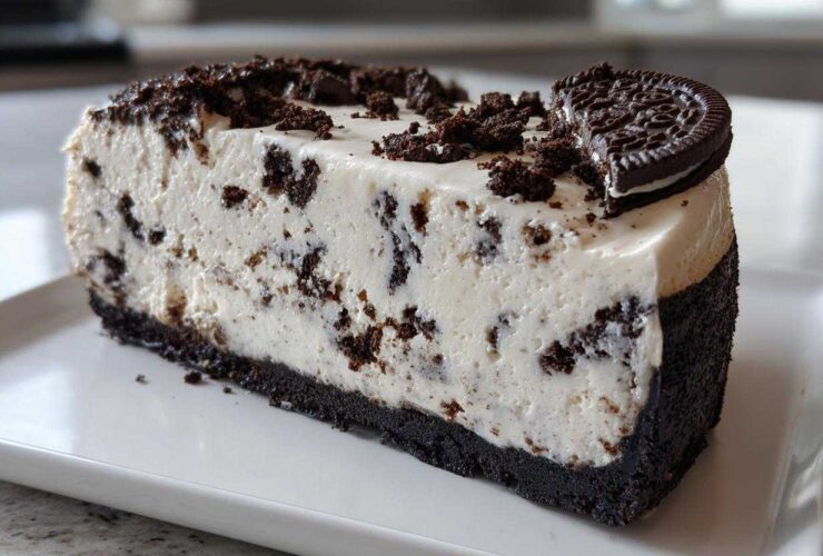 A thick slice of No-Bake Oreo Cheesecake featuring a dark cookie crust and creamy filling studded with chocolate pieces.
