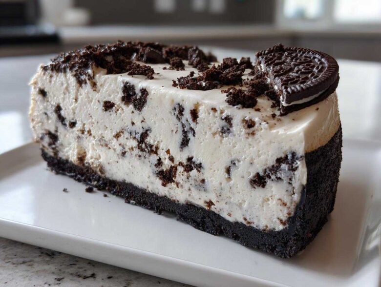 A thick slice of No-Bake Oreo Cheesecake featuring a dark cookie crust and creamy filling studded with chocolate pieces.