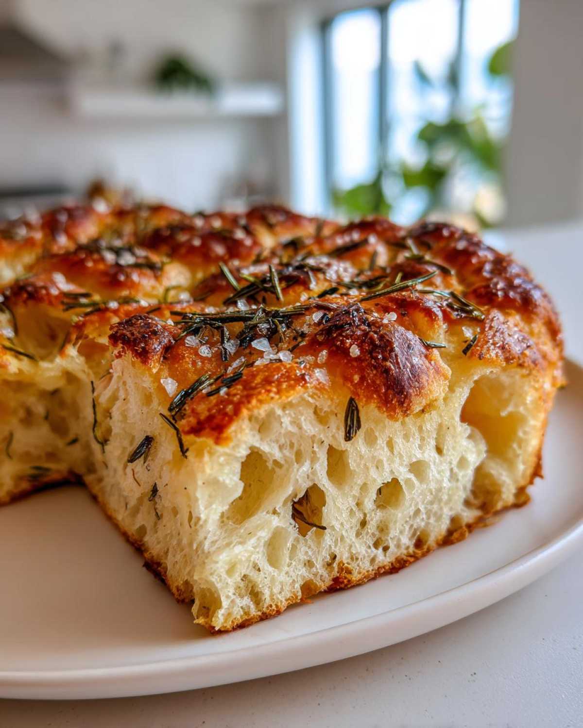 Close-up of a slice showing the airy, open crumb structure of the No-Knead Skillet Focaccia with rosemary and sea salt.