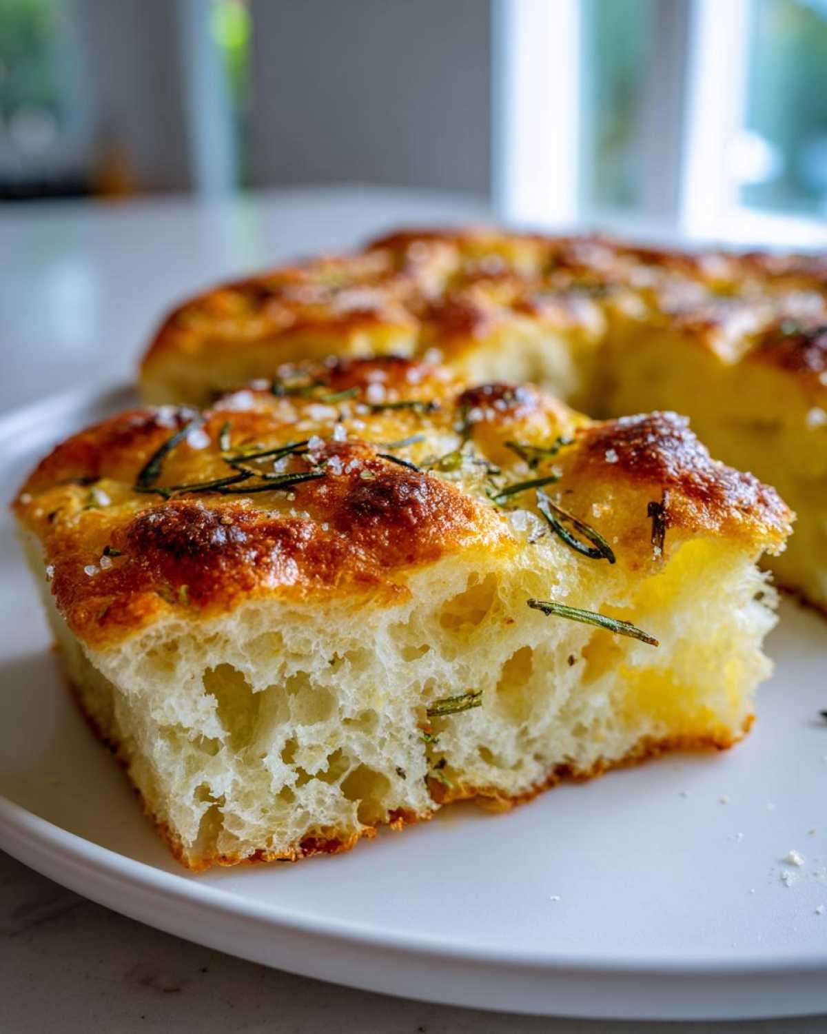 Close-up of a fluffy slice of No-Knead Skillet Focaccia topped with rosemary and coarse salt.