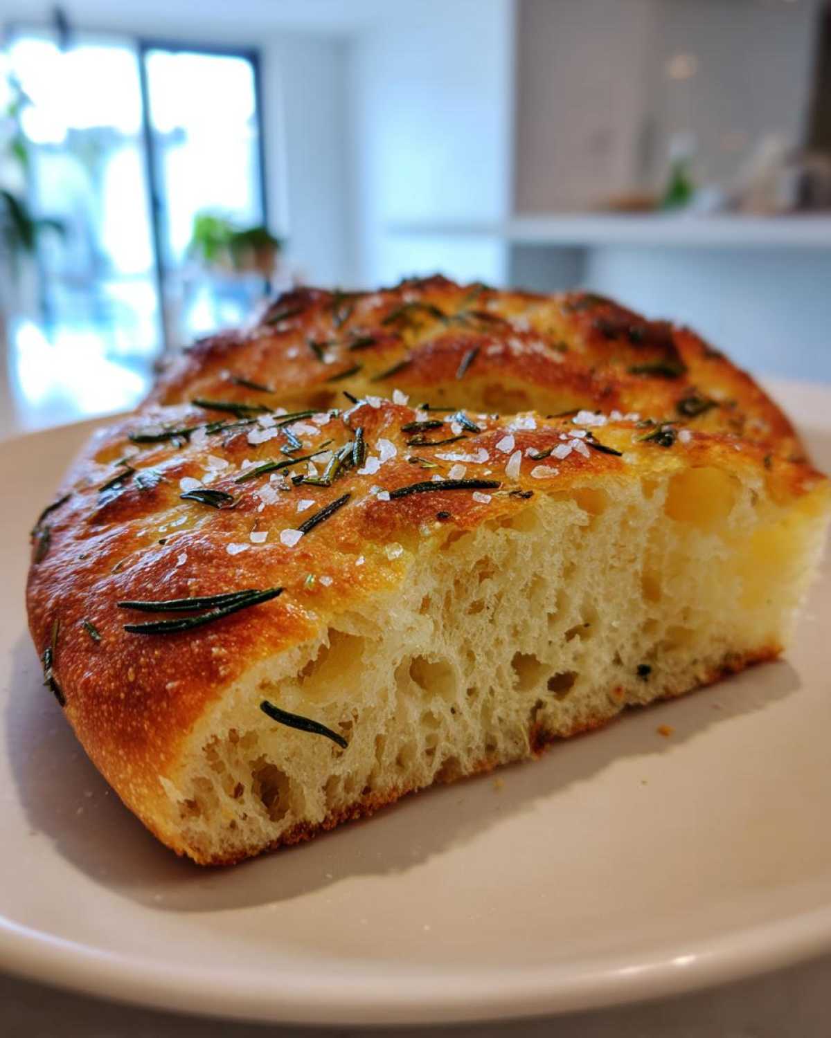 Close-up of a fluffy slice of No-Knead Skillet Focaccia topped with rosemary and coarse sea salt.