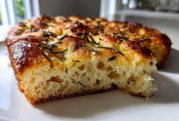 Close-up of a slice of No-Knead Skillet Focaccia showing its airy crumb and rosemary topping.