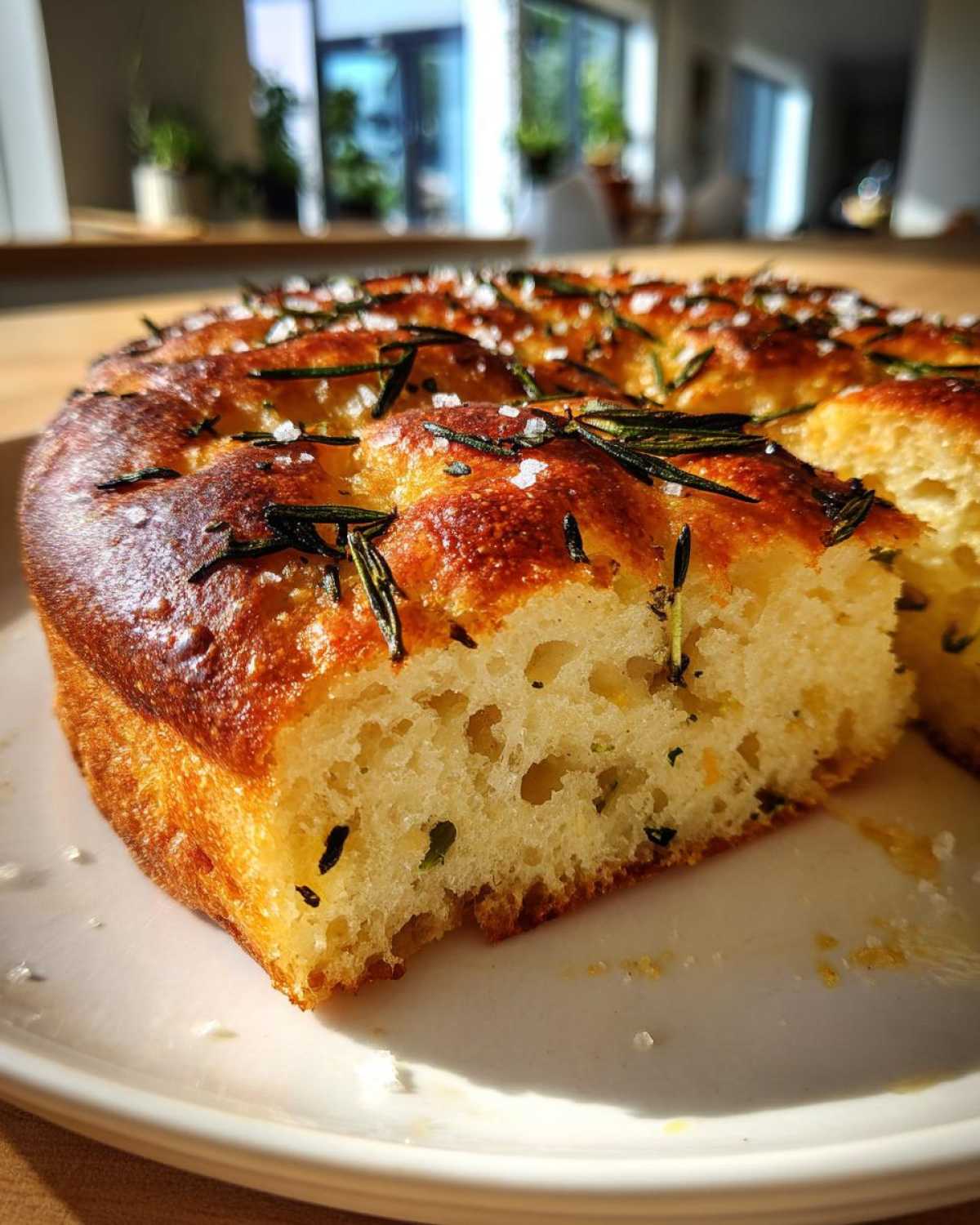 A thick slice of golden-brown No-Knead Skillet Focaccia topped with fresh rosemary and coarse sea salt.