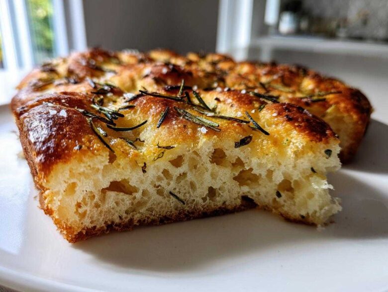 Close-up of a slice of No-Knead Skillet Focaccia showing its airy crumb and rosemary topping.