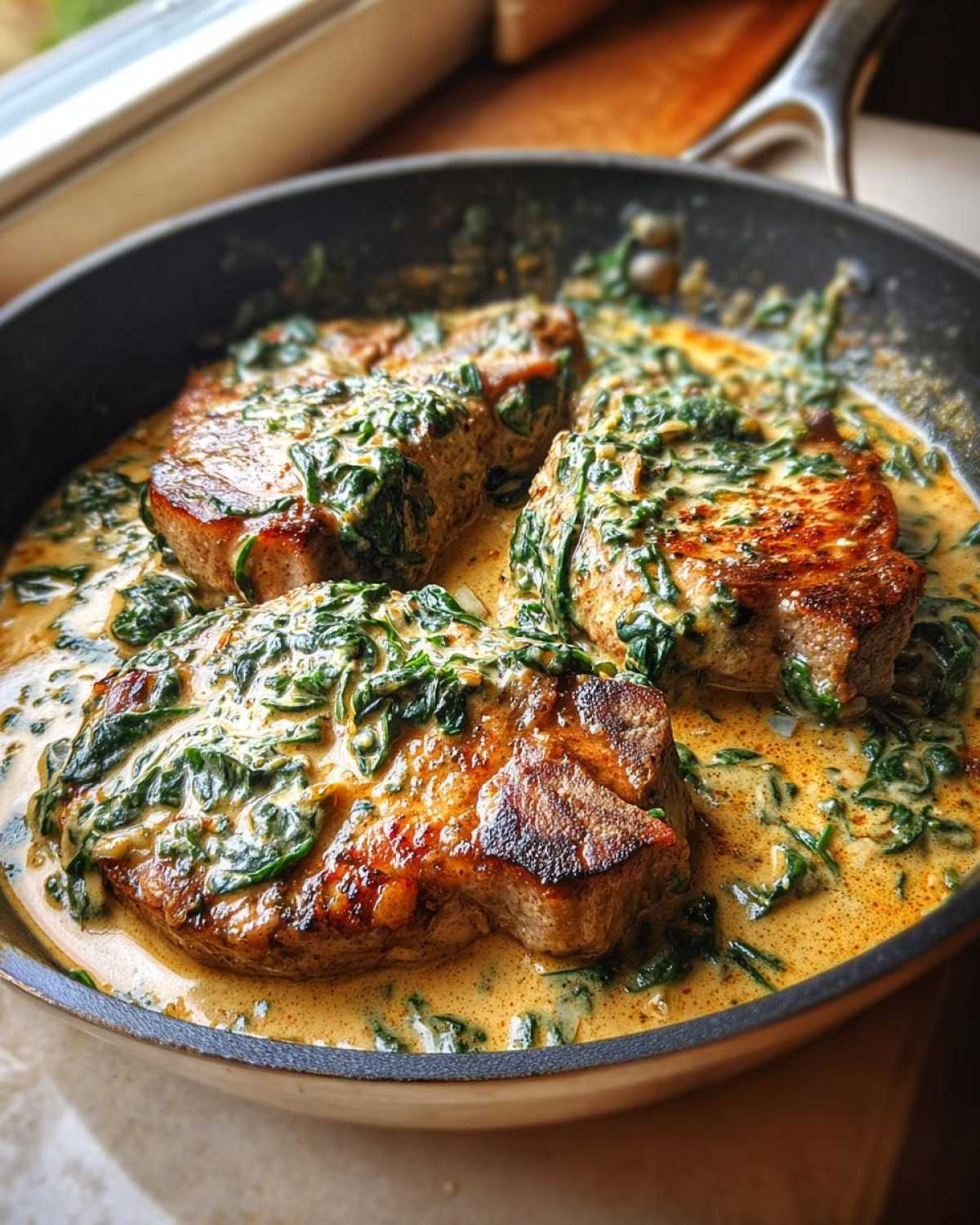 Three seared pork chops covered in a rich, creamy garlic sauce with wilted spinach, served in a black skillet.