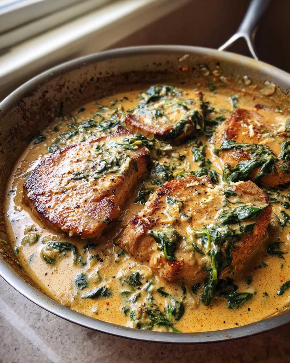 Four seared pork chops simmering in a creamy garlic sauce with wilted spinach, ready to serve.